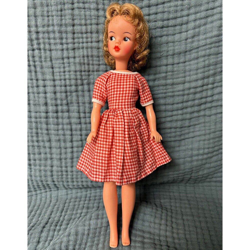 Tammy 1960s Ideal Doll Blonde Curly Hair Blue Eyes Red Gingham Outfit